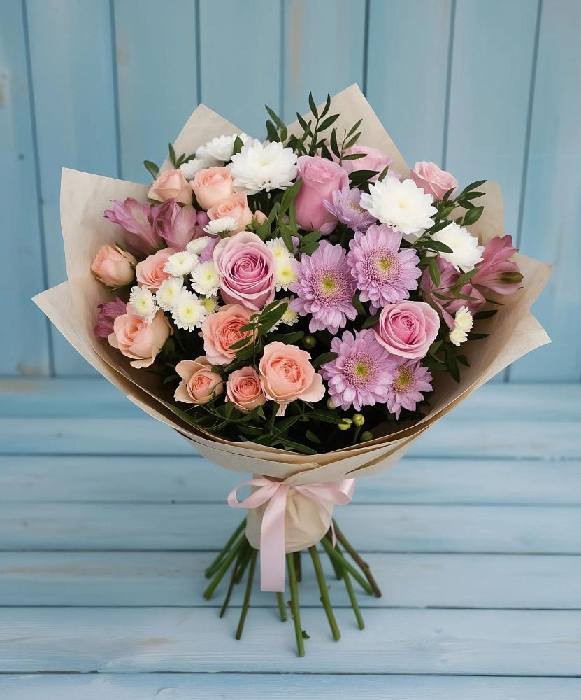 Букет цветов из: Хризантемы, Розы и Альстромерии в Калужской Краснодарский край