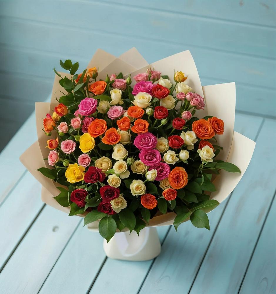 Букет Микс из разноцветных кустовых роз в Калужской Краснодарский край