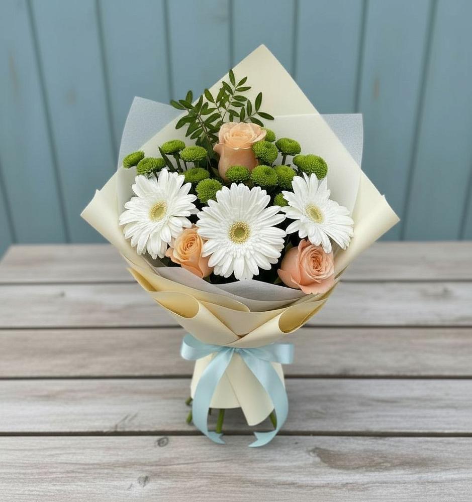 Букет цветов из: Герберы, Розы и Хризантемы в Калужской Краснодарский край