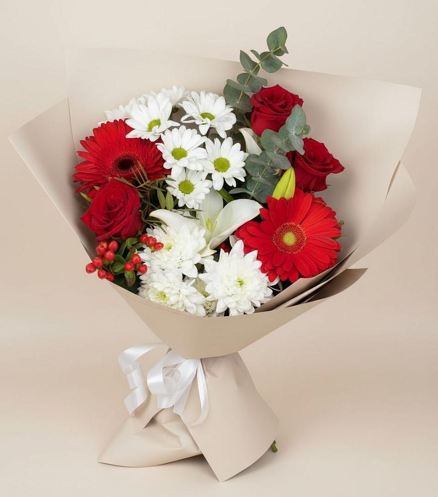 Букет цветов из: Розы, Хризантемы, Герберы и Лилии в Калужской Краснодарский край