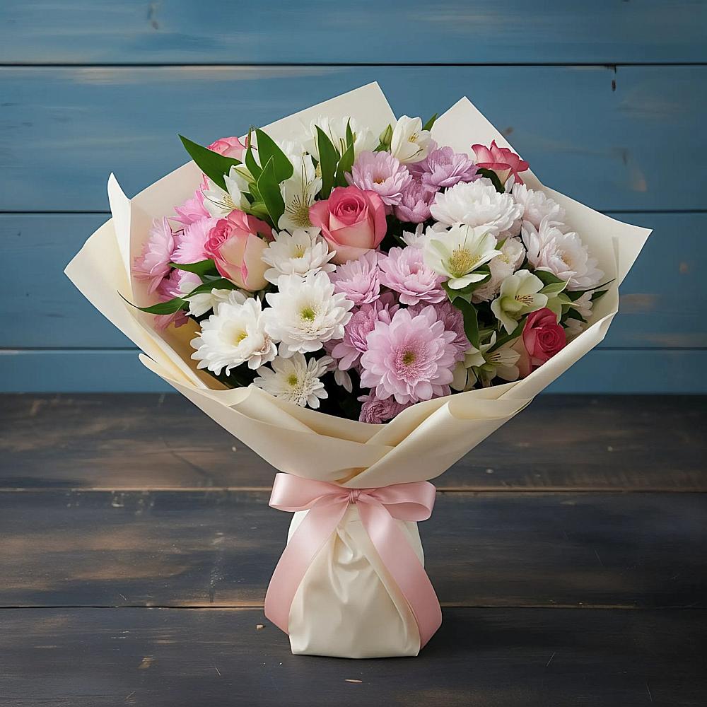 Букет цветов из: Хризантемы, Альстромерии и Розы в Калужской Краснодарский край